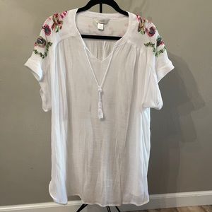 CJ Banks-2x-Long line Gauzy tunic top with floral paisley embroidery details